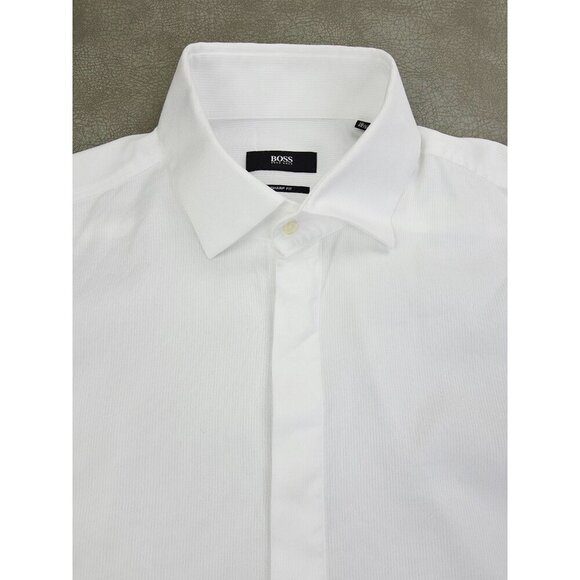 Hugo Boss Sharp Fit Size 15.5 34-35 White Stripe French Cuff Hidden Button Shirt - Picture 5 of 11
